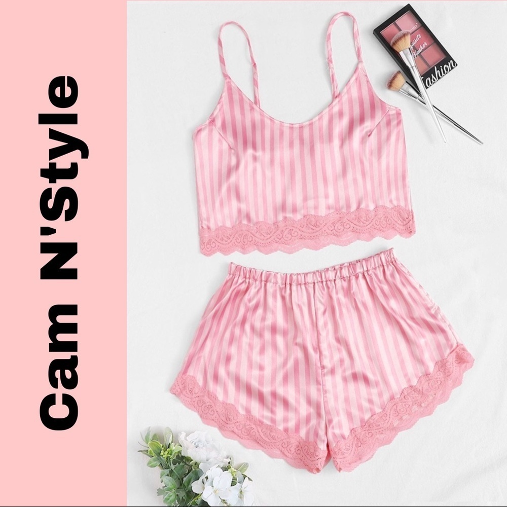 New Pink Striped Satin Silk-Like Lace Pajama Set​